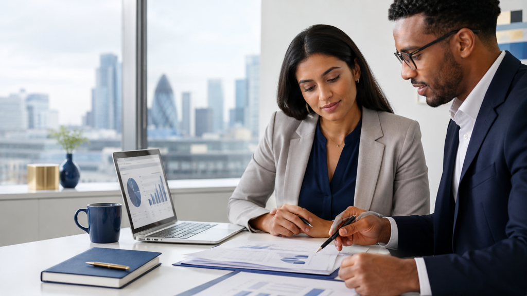Accounting professionals reviewing financial reports in a London office