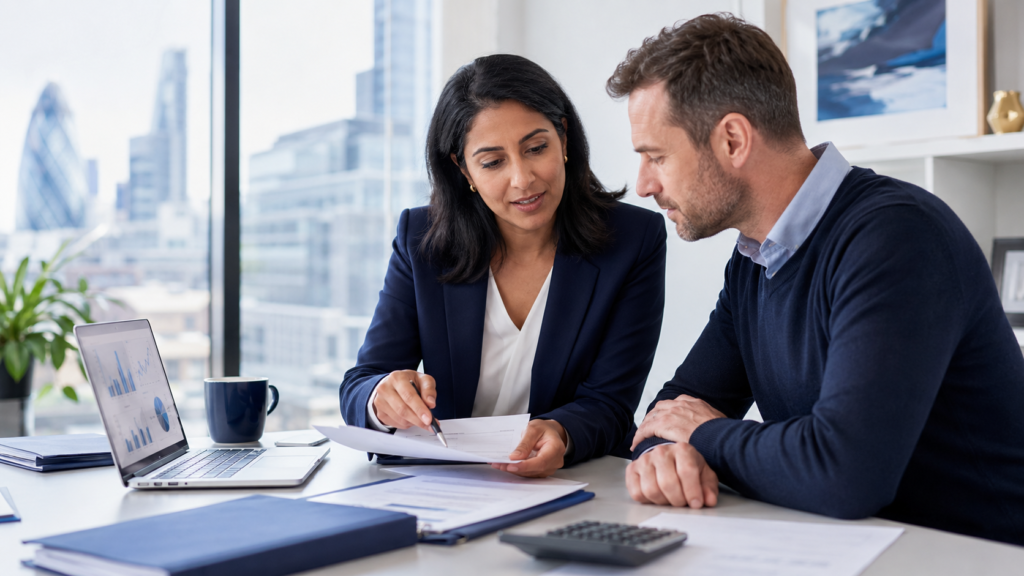Tax adviser reviewing financial documents with a business client in London