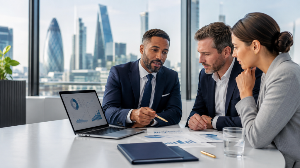 Corporate adviser discussing financial forecasts with business leaders in London
