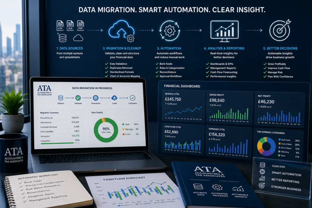 Accounting data migration automation and financial reporting