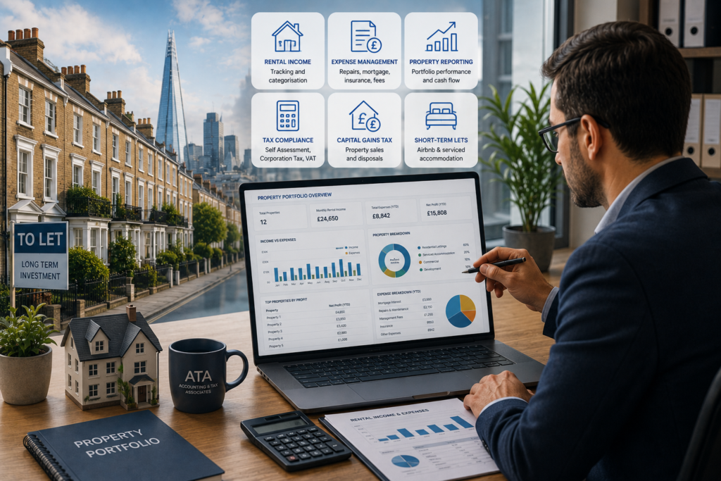 Property and landlord accountant reviewing rental income and expenses