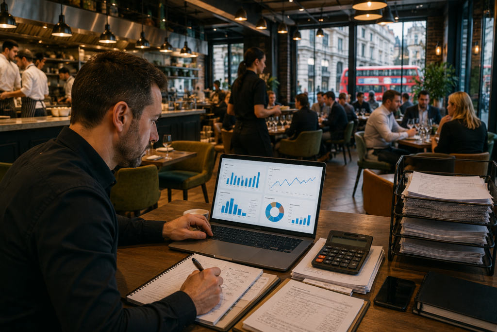 Hospitality and recruitment accountant reviewing payroll and business finances
