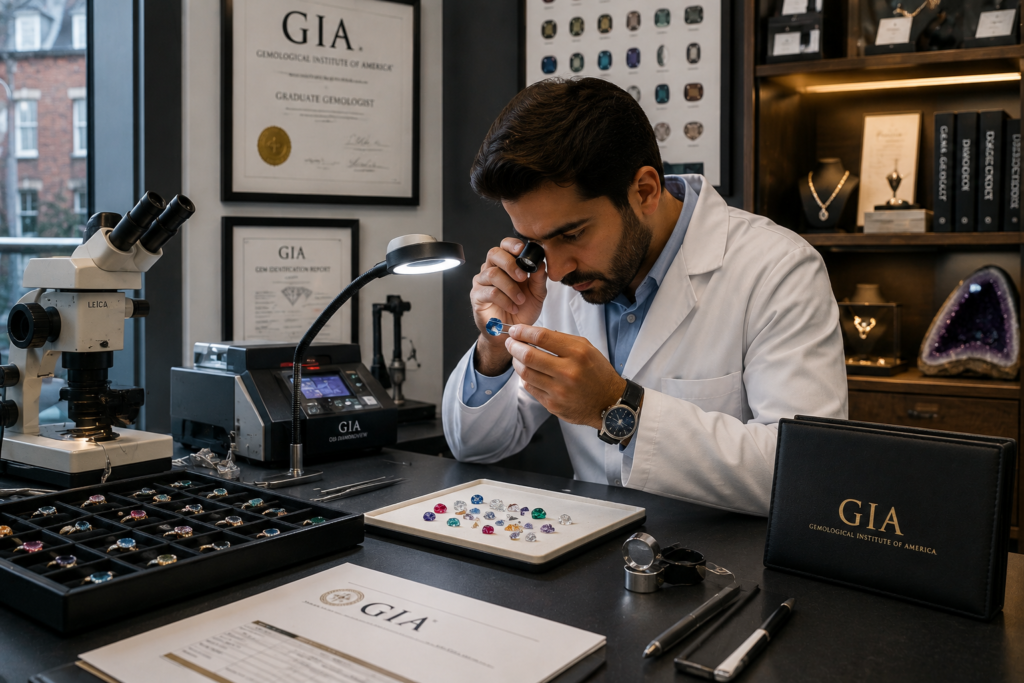 Jewellery and gemstone bookkeeper reviewing stock and financial records